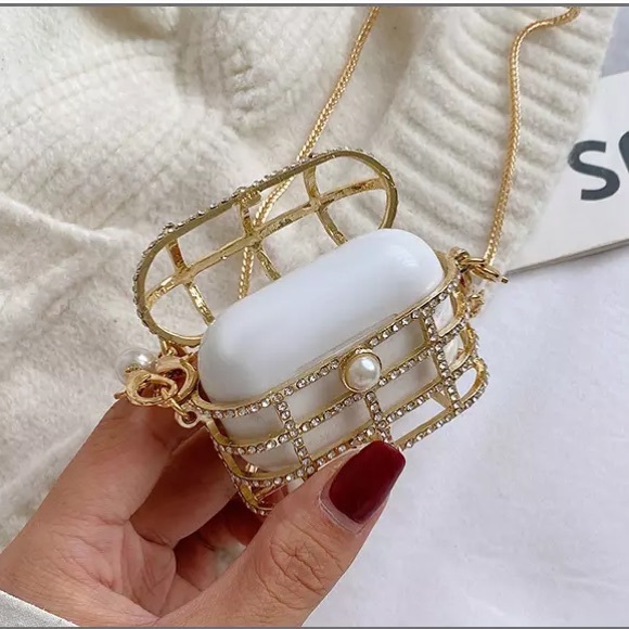 Rhinestone and pearl Metal cage airpod case micro mini purse - Picture 8 of 13